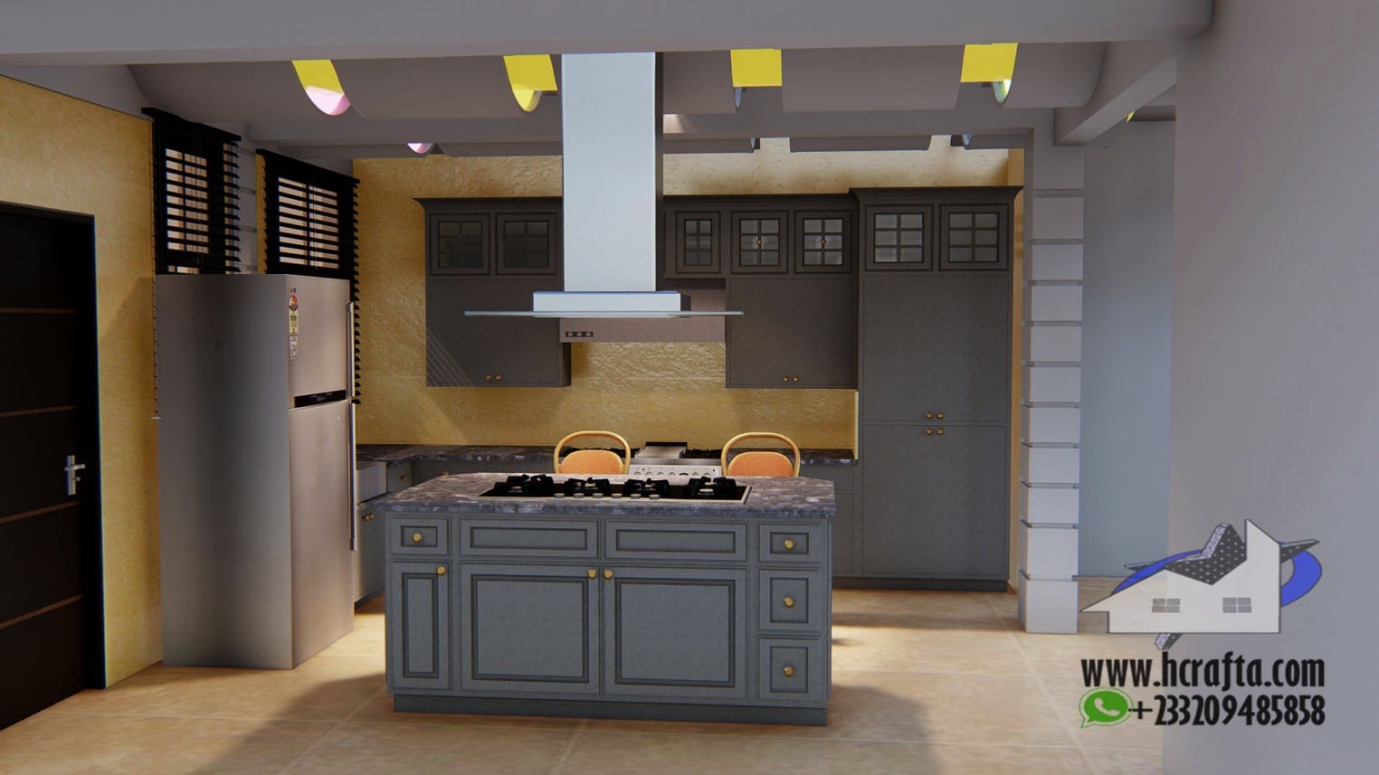 Modern kitchen and ceiling design with elegant lighting and contemporary furnishings