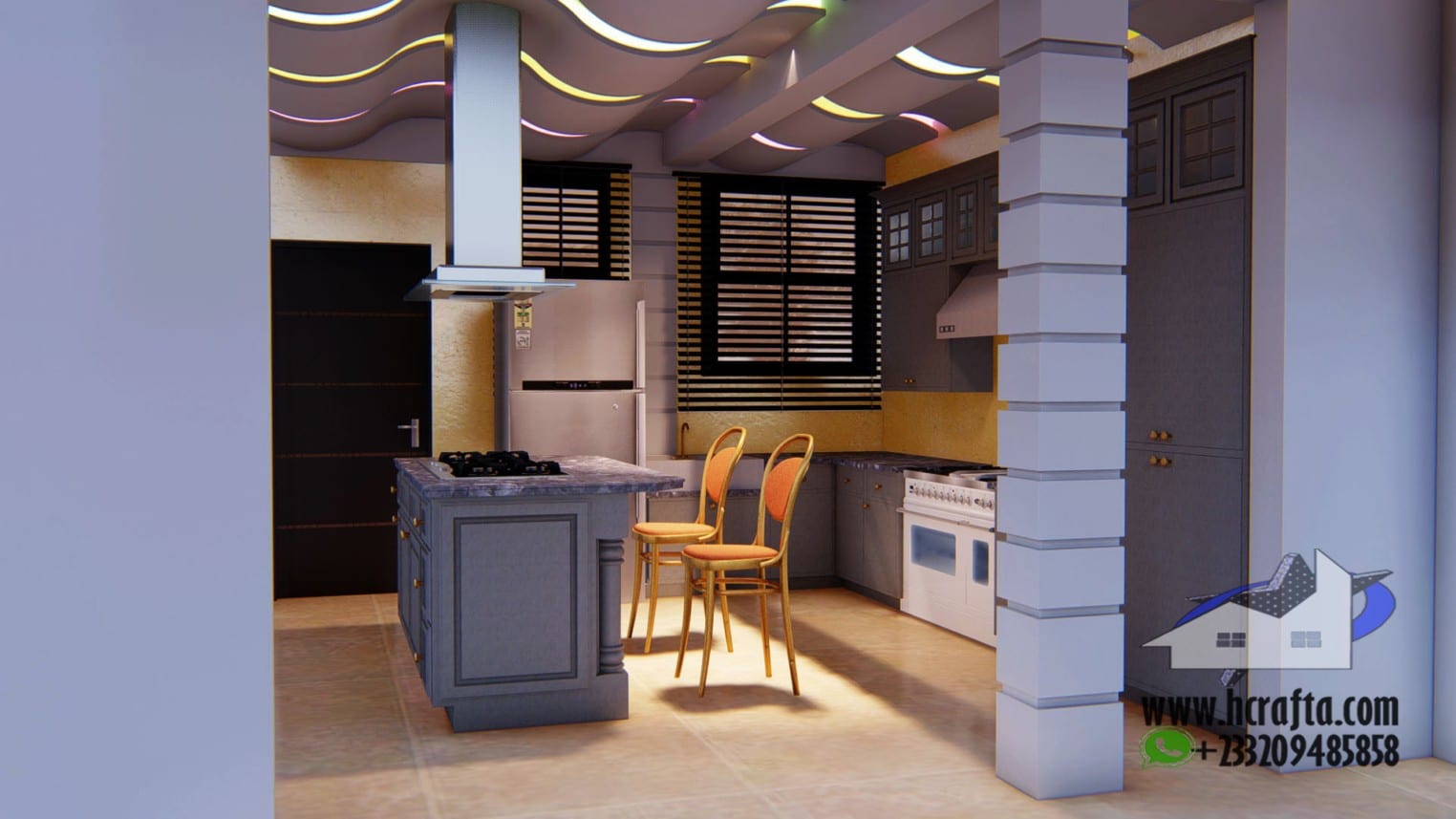 Modern kitchen and ceiling design with elegant lighting and contemporary furnishings