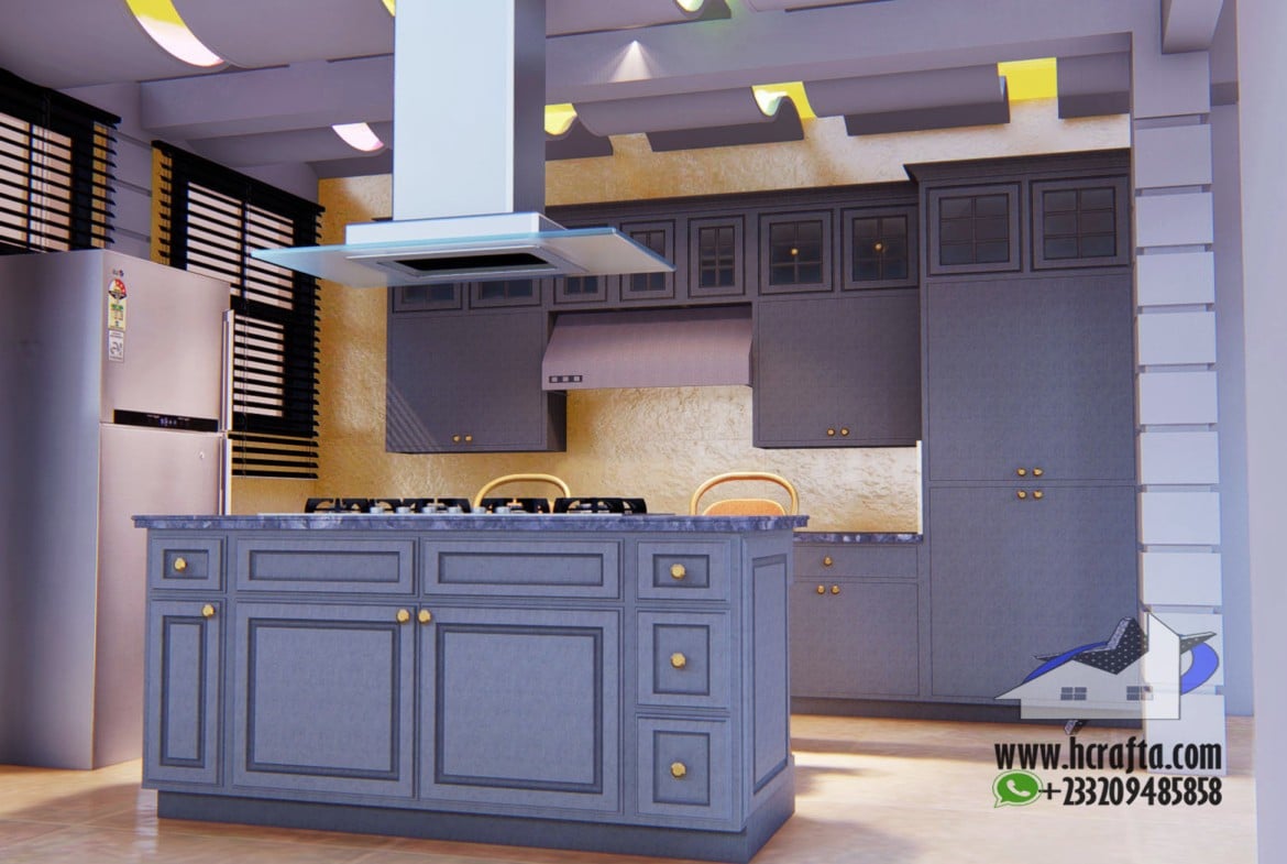 Modern kitchen and ceiling design with elegant lighting and contemporary furnishings