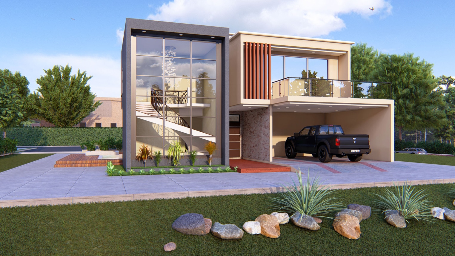 Elegant 4-bedroom duplex with full-height window and modern architectural 