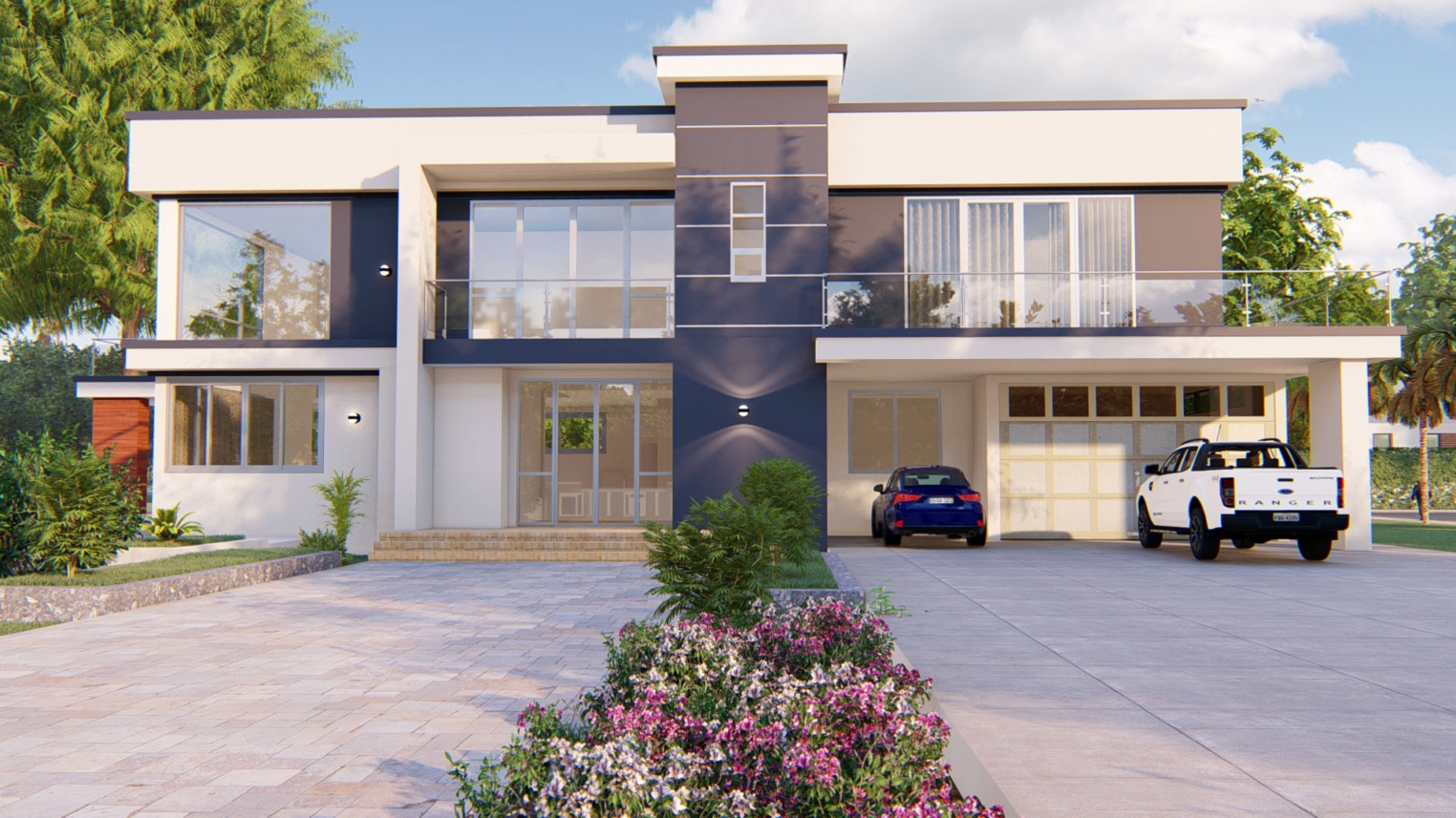 Modern 4-bedroom duplex featuring a large front-facing window and stylish exterior