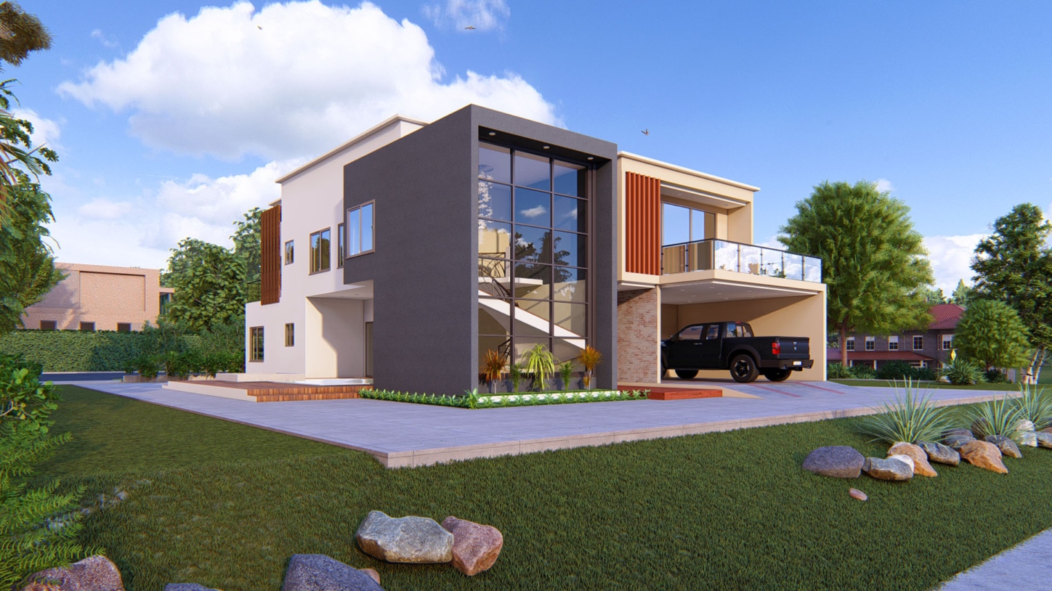 Elegant 4-bedroom duplex with full-height window and modern architectural 