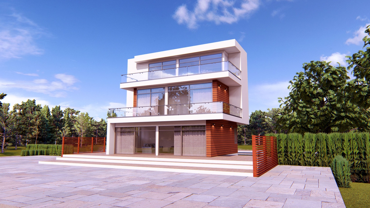 Modern 3-bedroom house with basement and large glass windows for natural light