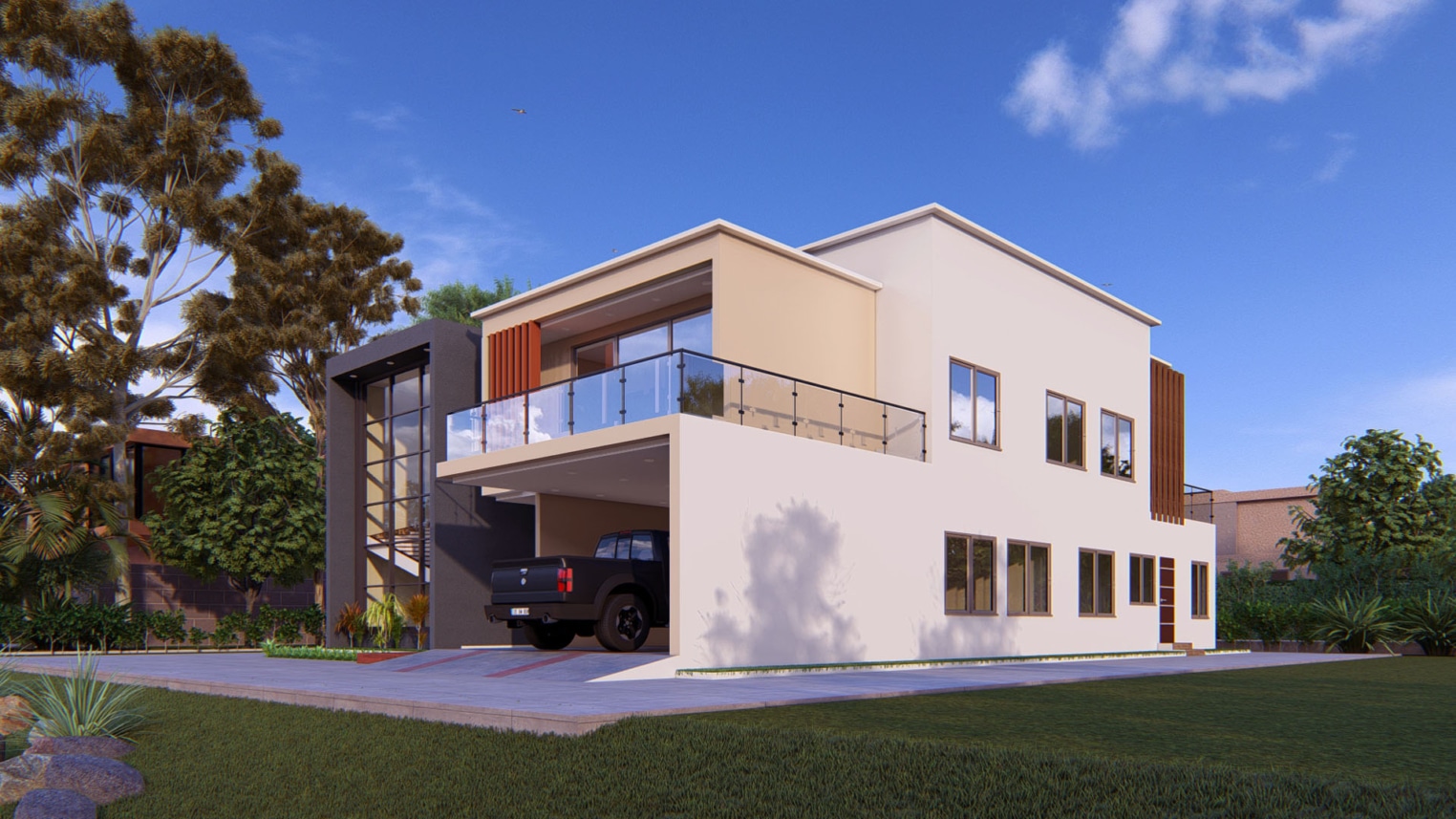 Elegant 4-bedroom duplex with full-height window and modern architectural 