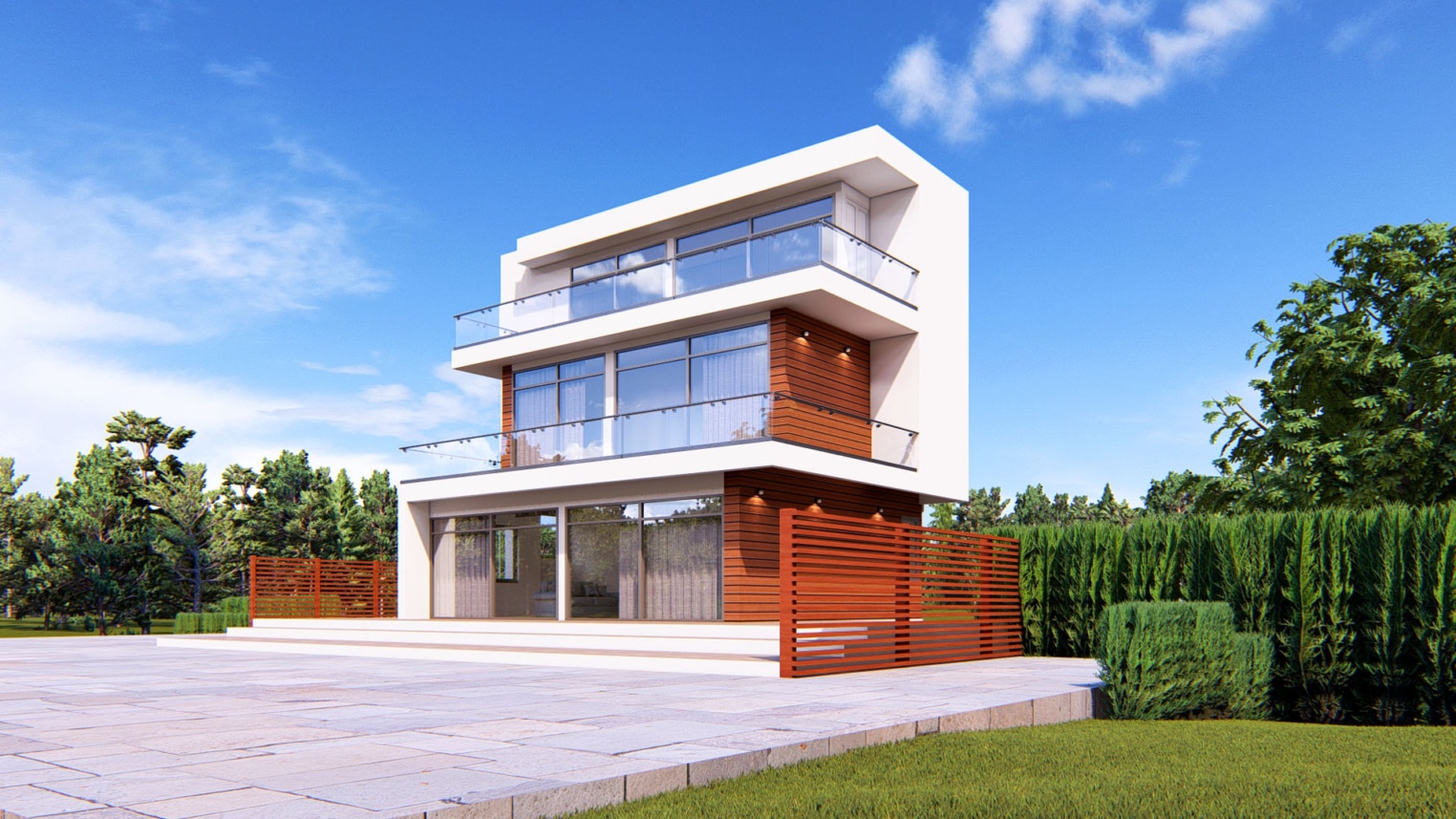 Modern 3-bedroom house with basement and large glass windows for natural light