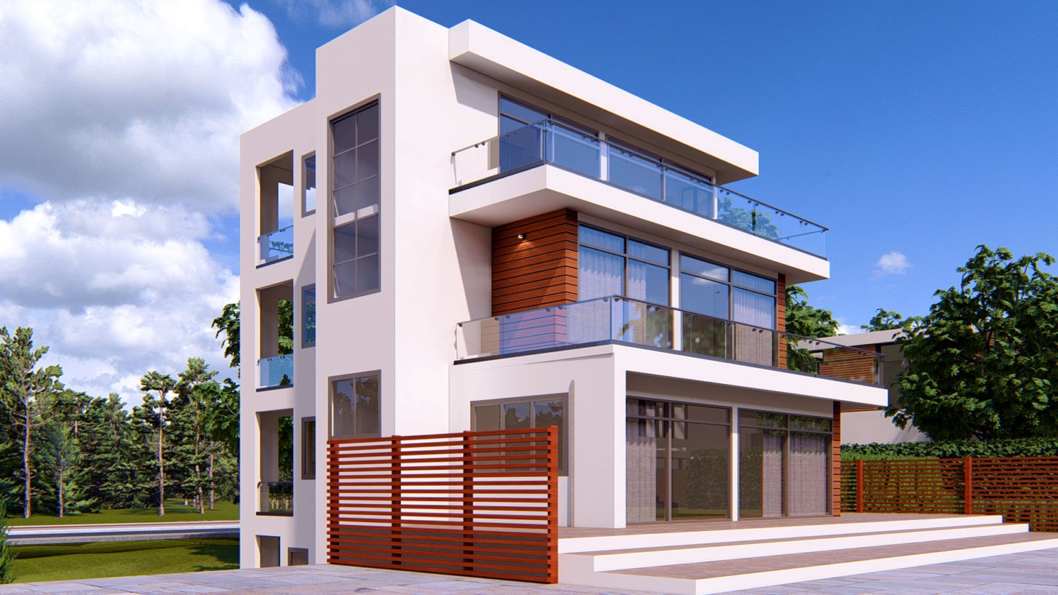 Modern 3-bedroom house with basement and large glass windows for natural light