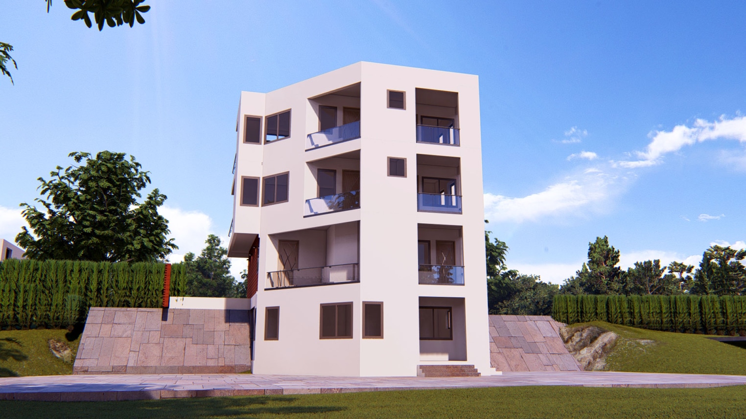 Modern 3-bedroom house with basement and large glass windows for natural light