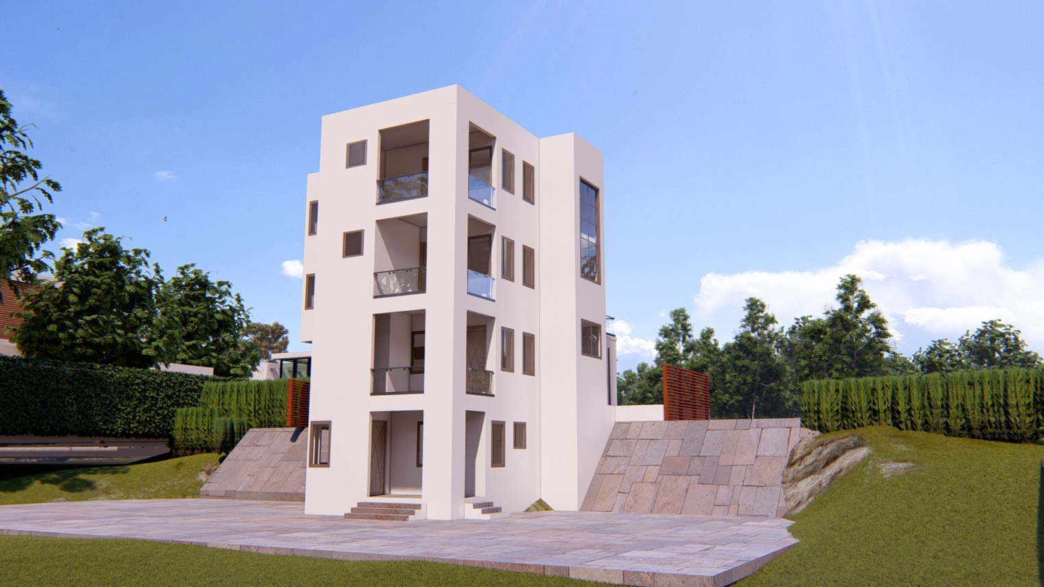 Modern 3-bedroom house with basement and large glass windows for natural light