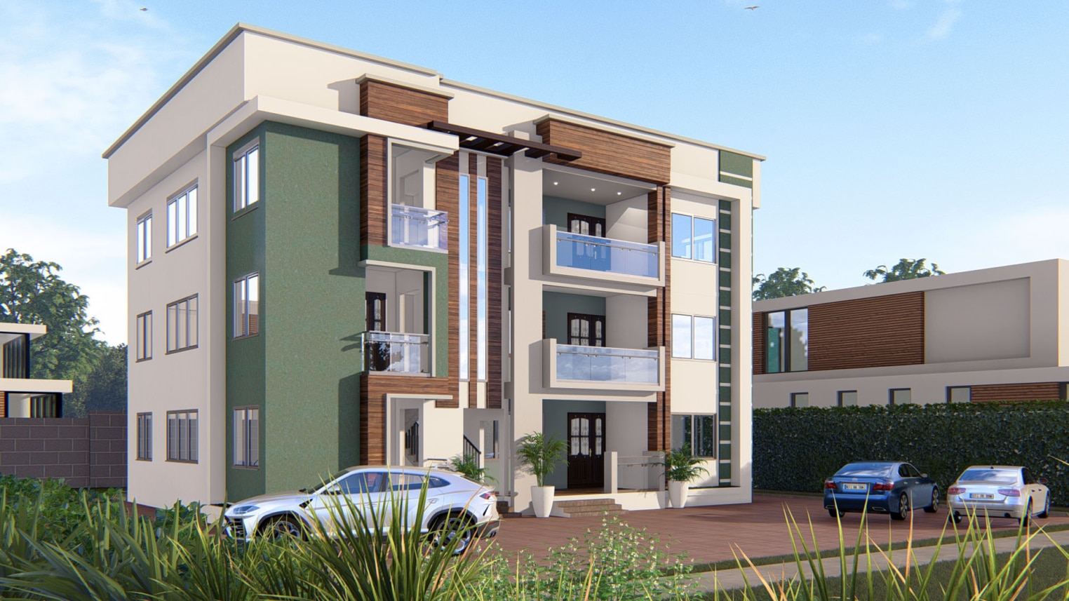 : Modern 3-storey apartment design with sleek architecture and open balconies