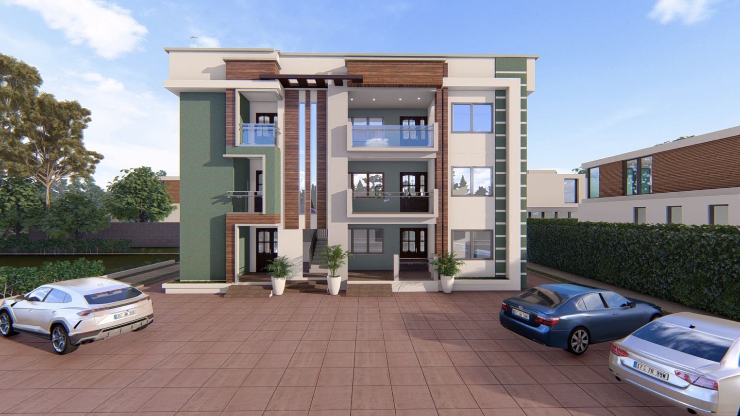 : Modern 3-storey apartment design with sleek architecture and open balconies