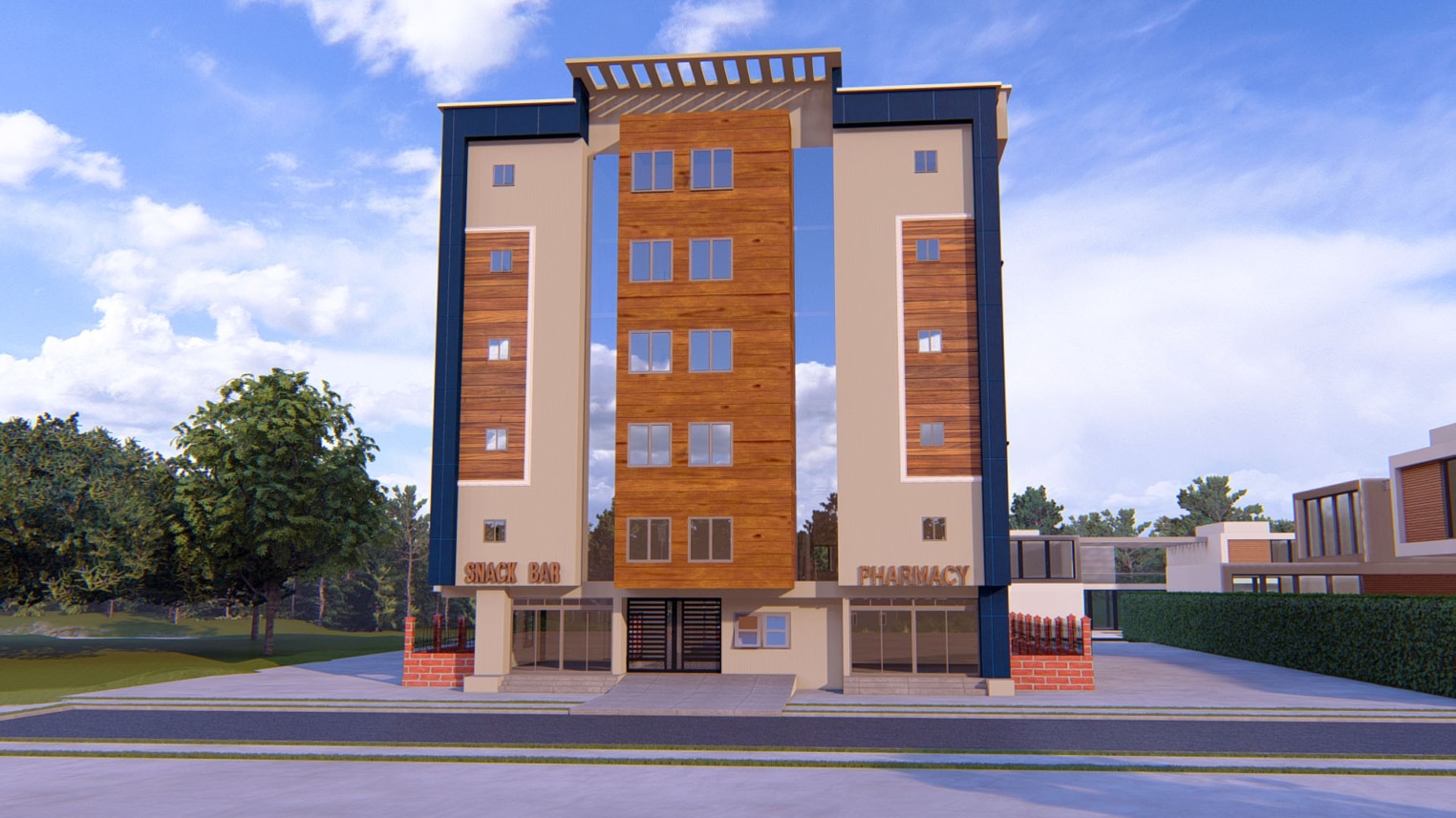 Modern multi-storey student hostel with shared living spaces and balconies 