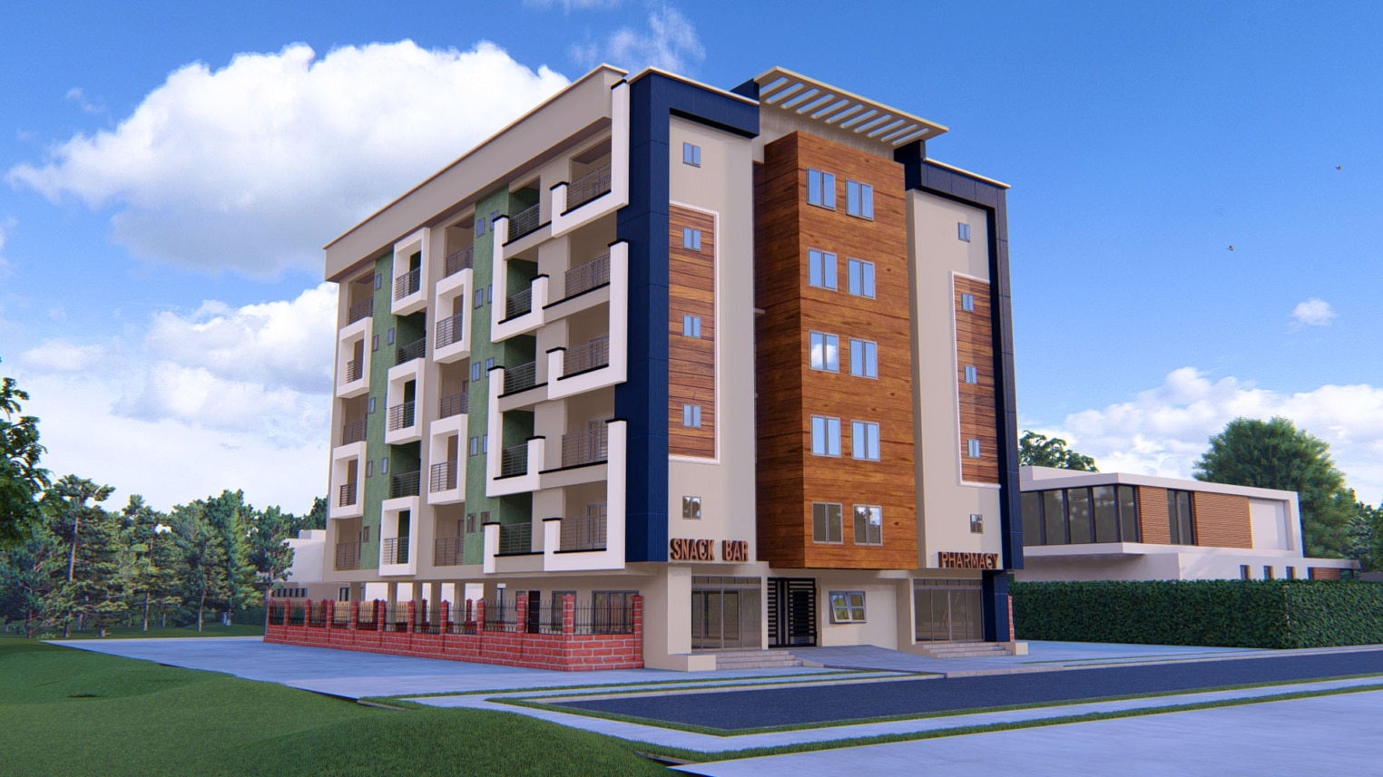 Modern multi-storey student hostel with shared living spaces and balconies 