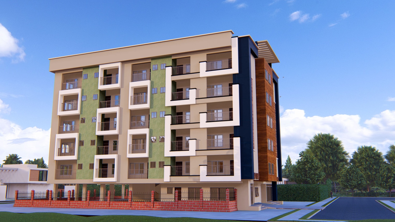 Modern multi-storey student hostel with shared living spaces and balconies 