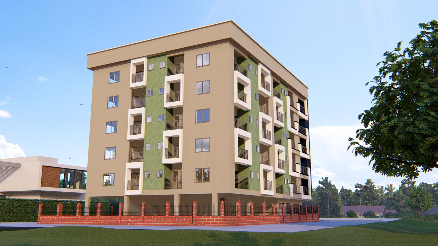 Modern multi-storey student hostel with shared living spaces and balconies 