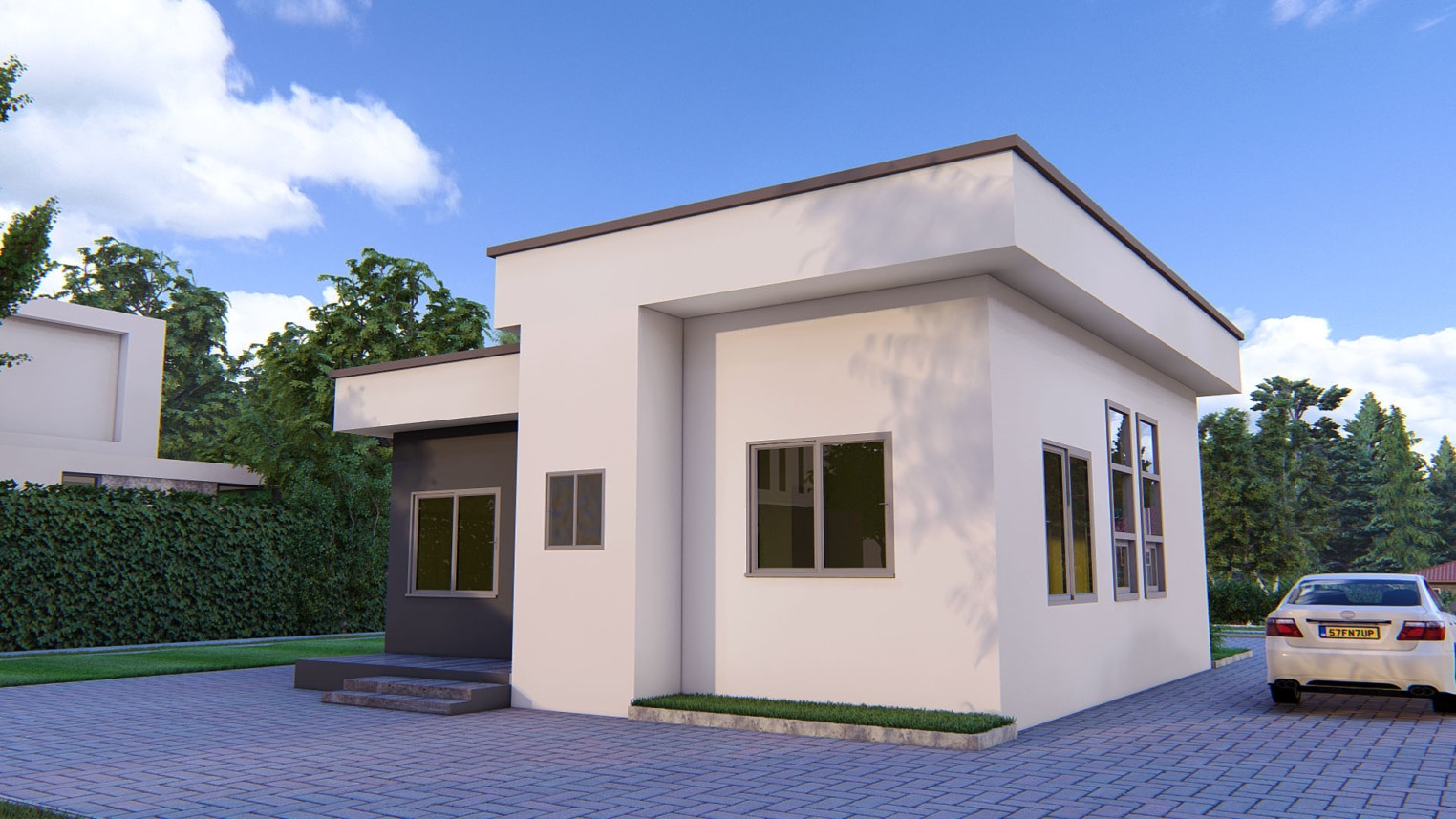 Modern 2-bedroom house design with sleek exterior and open-concept layout 