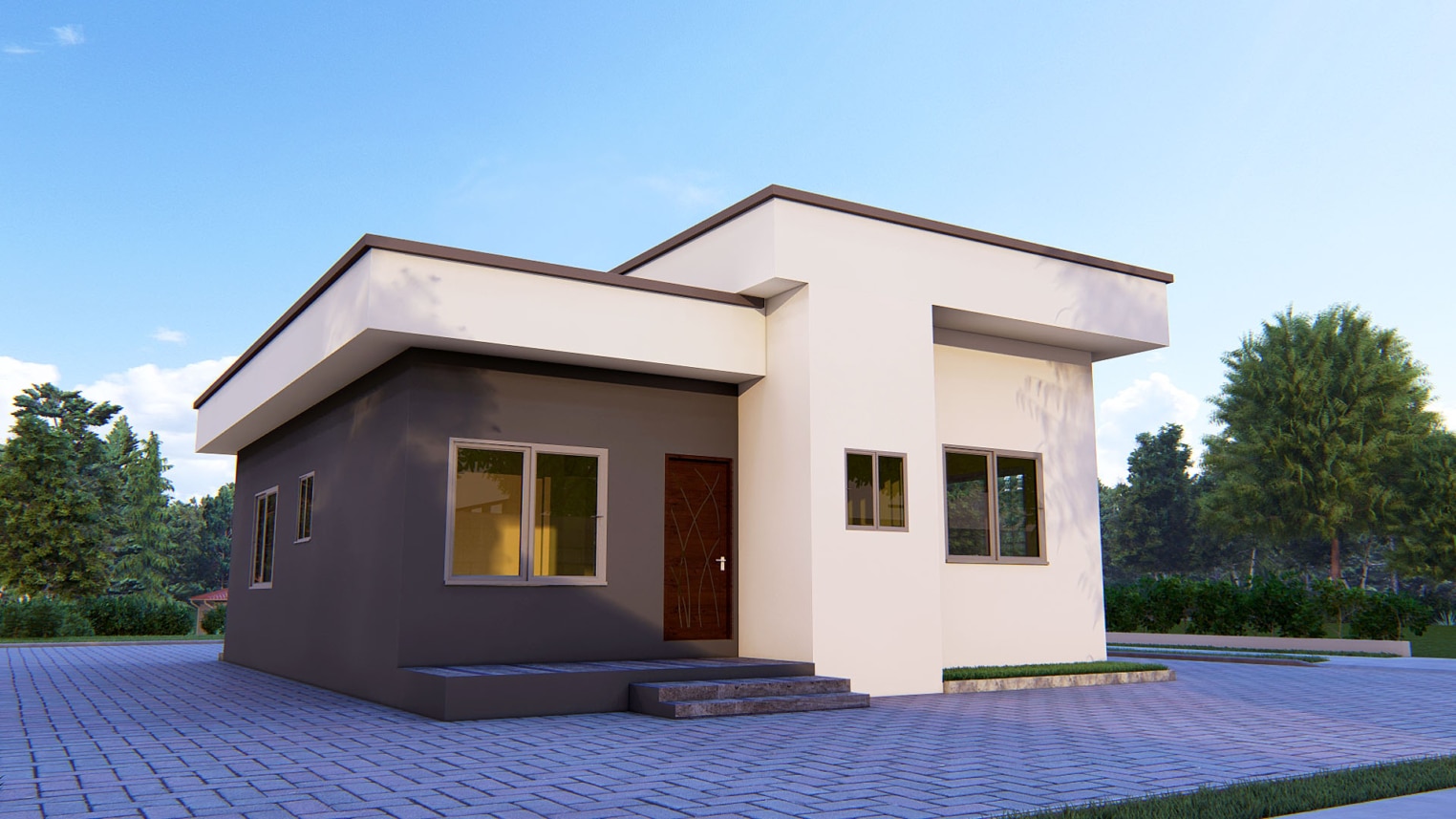 Modern 2-bedroom house design with sleek exterior and open-concept layout 