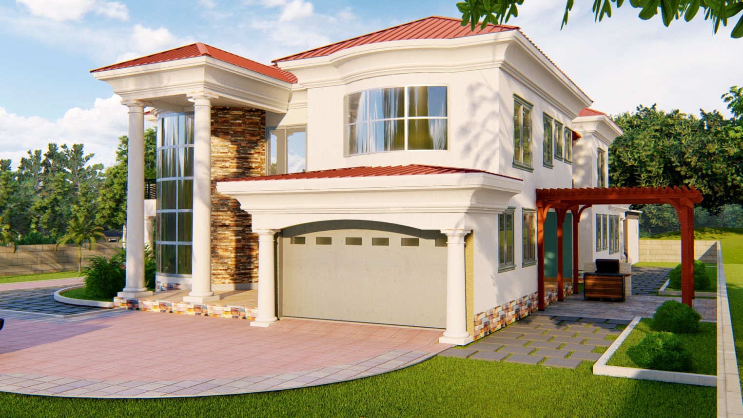 Residential landscape design featuring lush greenery, paved walkways, and outdoor seating areas