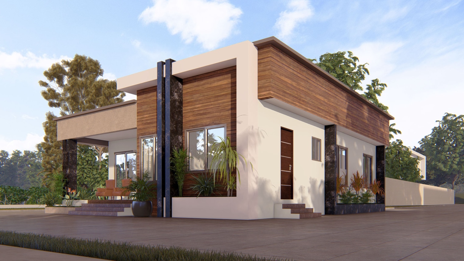 Architectural design of a modern 3-bedroom house with open layout and stylish exterior