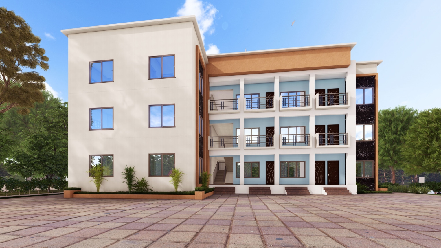 Modern student hostel design with sleek architecture and communal outdoor spaces 