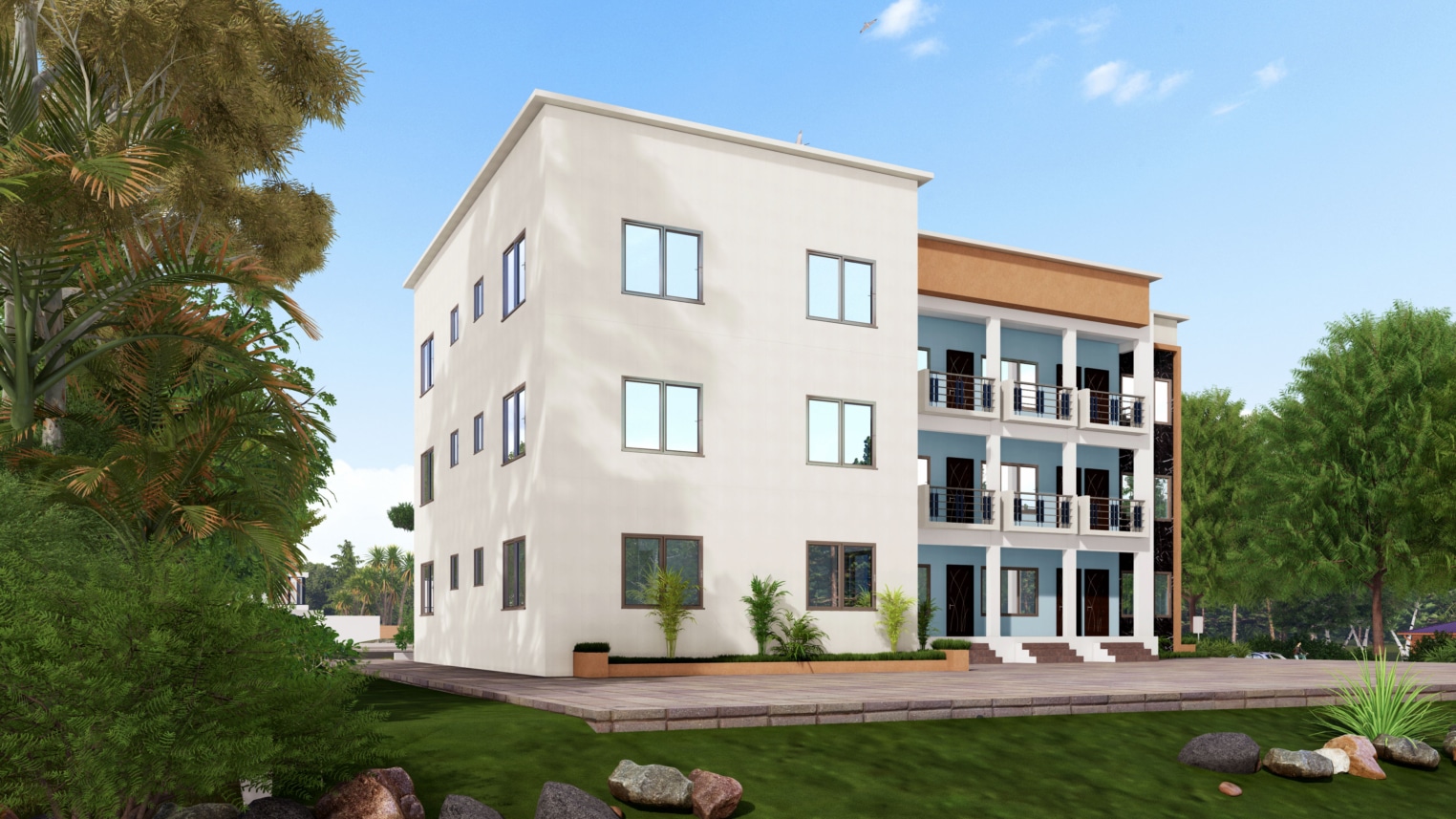 Modern student hostel building with sleek architecture and communal outdoor spaces 