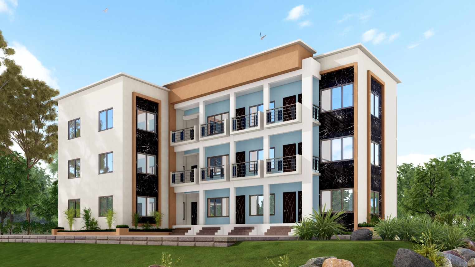 Modern student hostel design with sleek architecture and communal outdoor spaces 