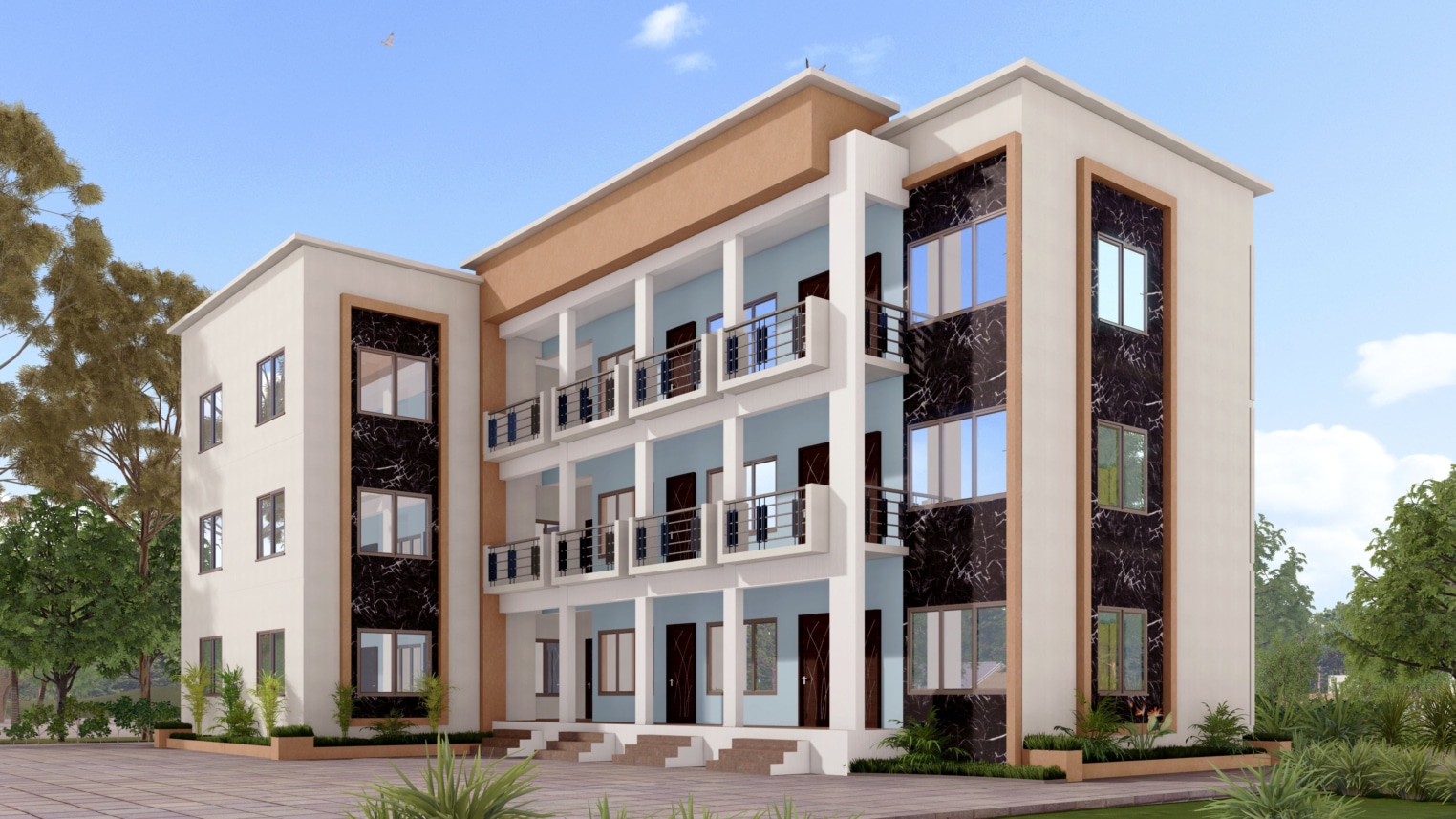 Modern student hostel design with sleek architecture and communal outdoor spaces 