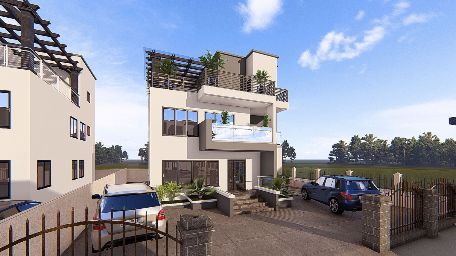 Modern 4-bedroom house with spacious rooftop terrace and contemporary exterior design 