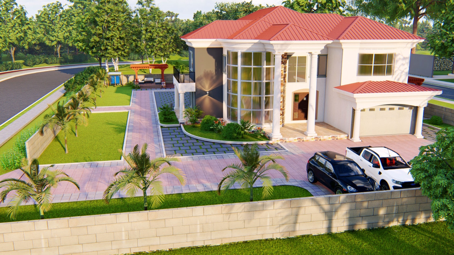  Residential landscape design featuring lush greenery, paved walkways, and outdoor seating areas