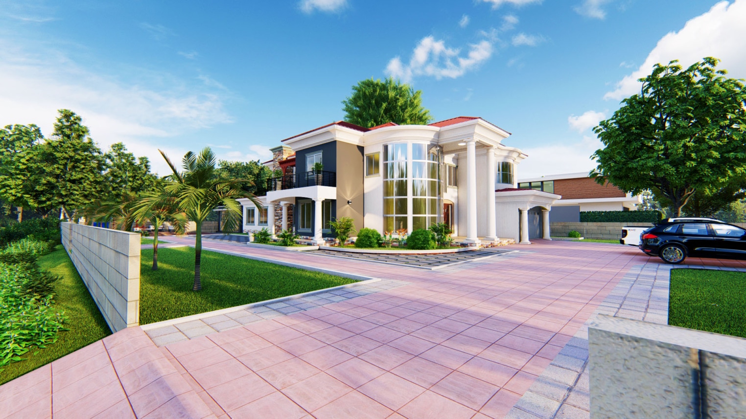  Residential landscape design featuring lush greenery, paved walkways, and outdoor seating areas