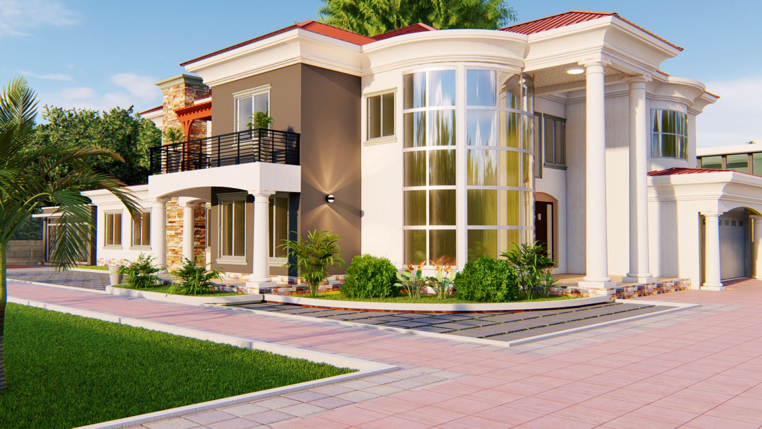  Residential landscape design featuring lush greenery, paved walkways, and outdoor seating areas