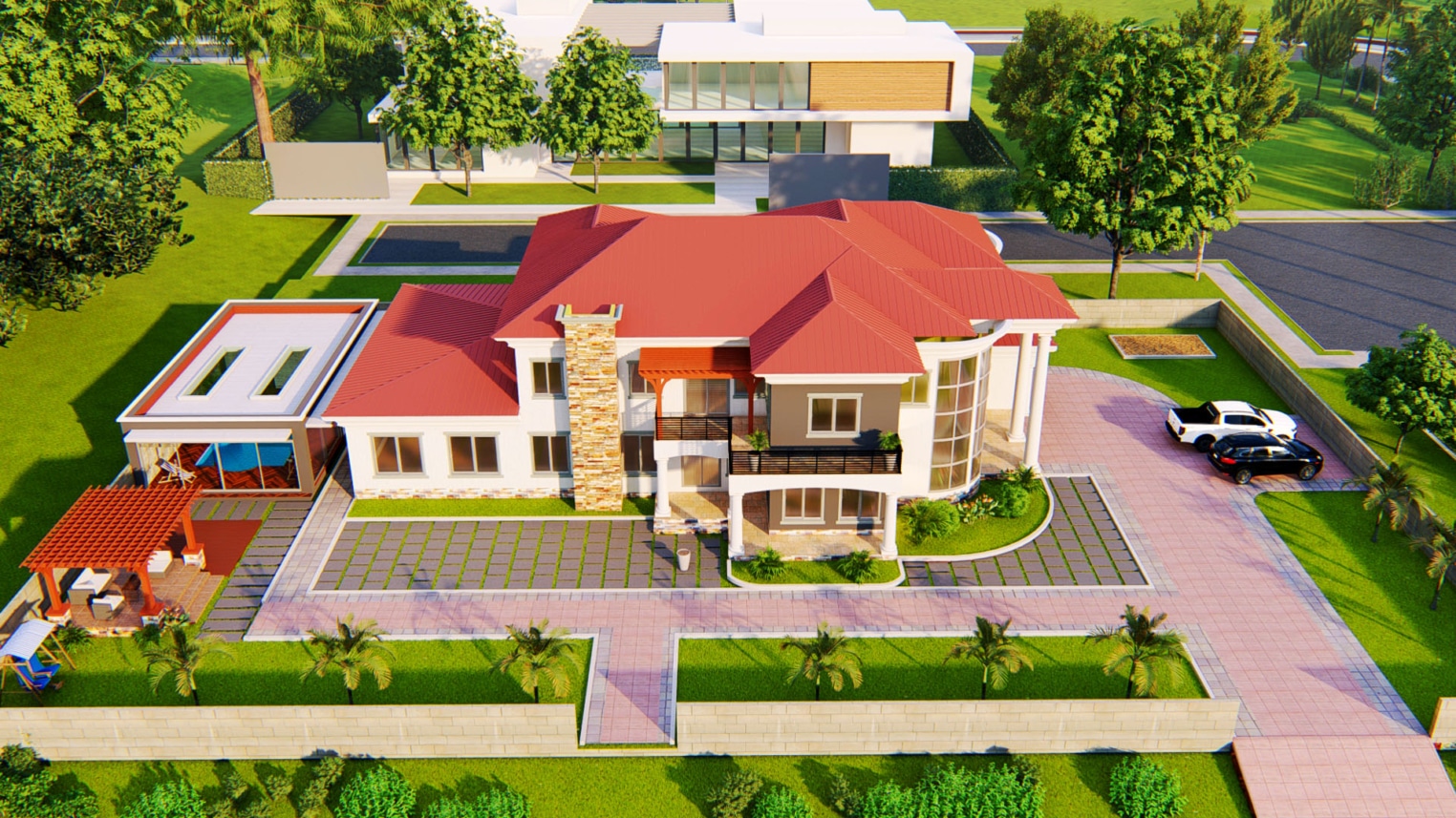 Residential landscape design featuring lush greenery, paved walkways, and outdoor seating areas