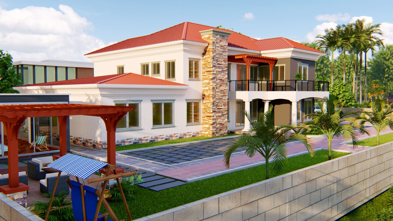 Residential landscape design featuring lush greenery, paved walkways, and outdoor seating areas