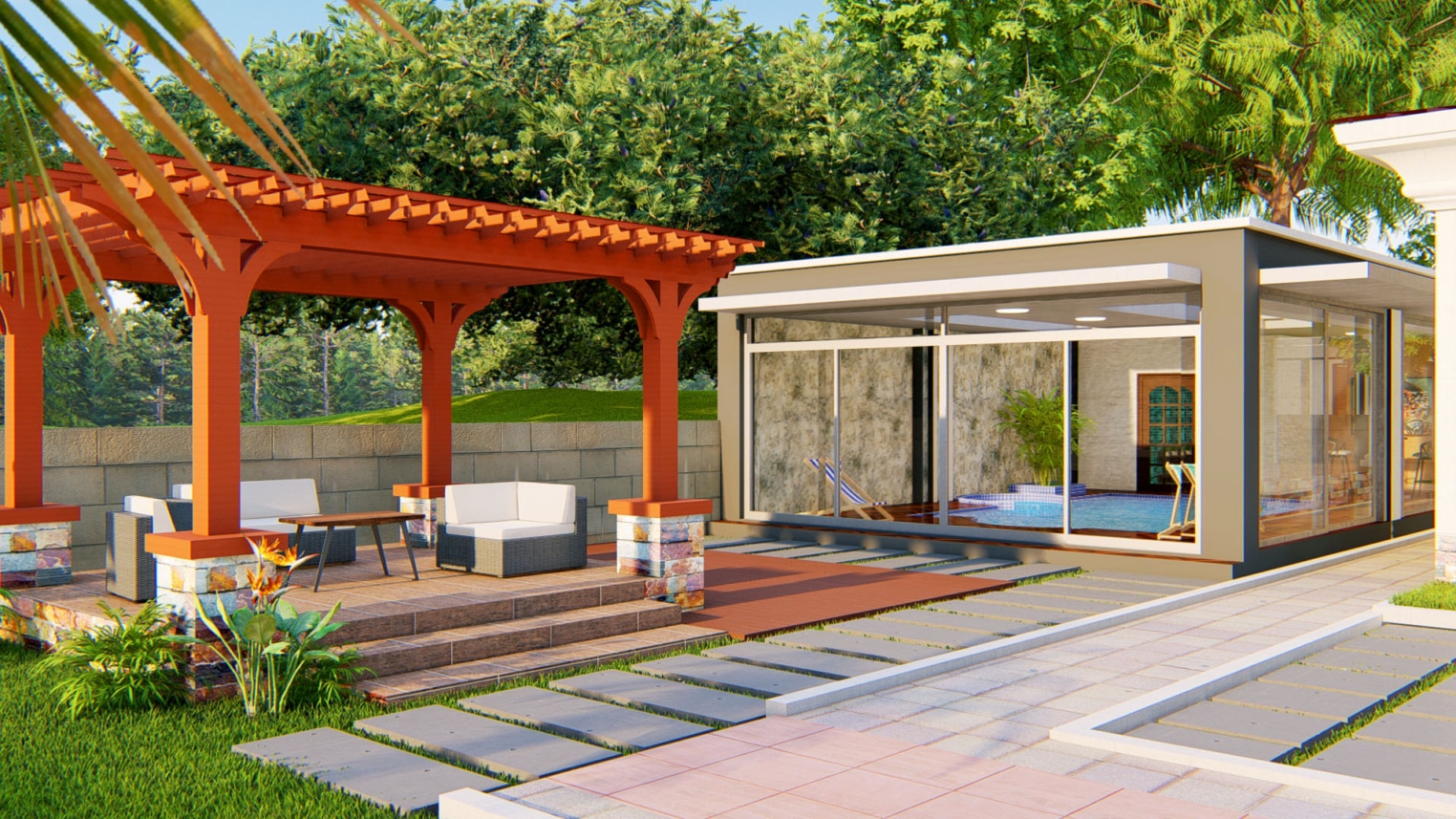  Residential landscape design featuring lush greenery, paved walkways, and outdoor seating areas