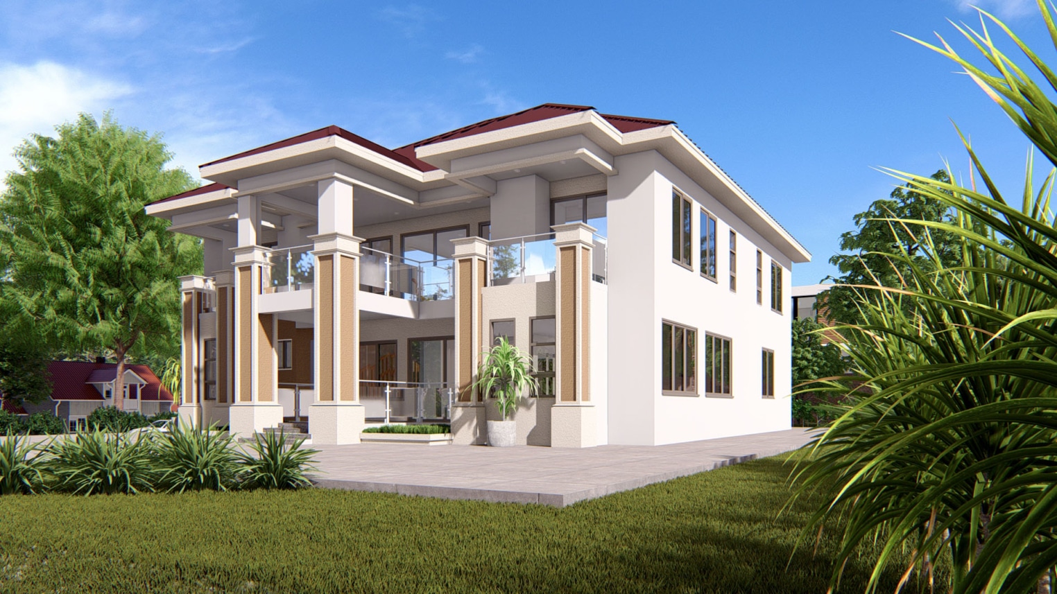 Elegant 5-bedroom duplex with full-height window and modern architectural details 