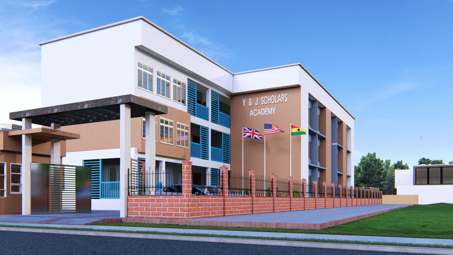 Modern school architecture featuring clean lines, large windows, and open learning spaces