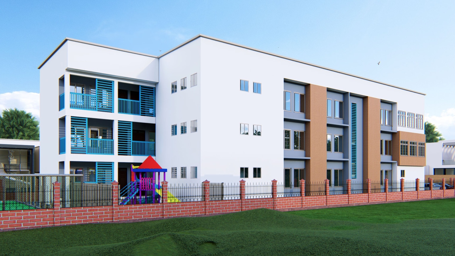 Modern school architecture featuring clean lines, large windows, and open learning spaces