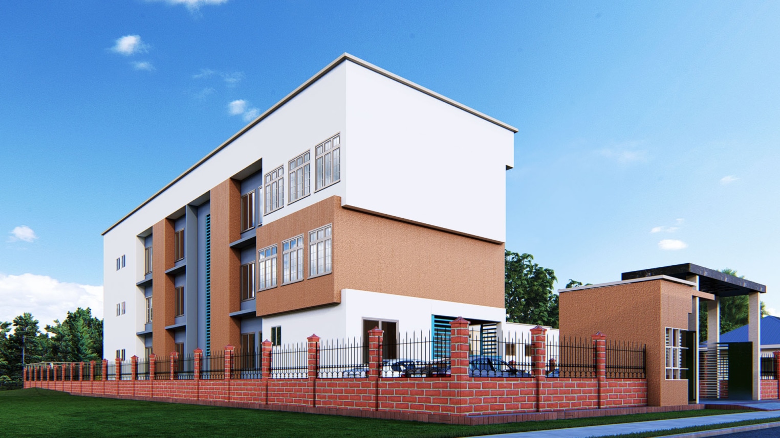 Modern school architecture featuring clean lines, large windows, and open learning spaces