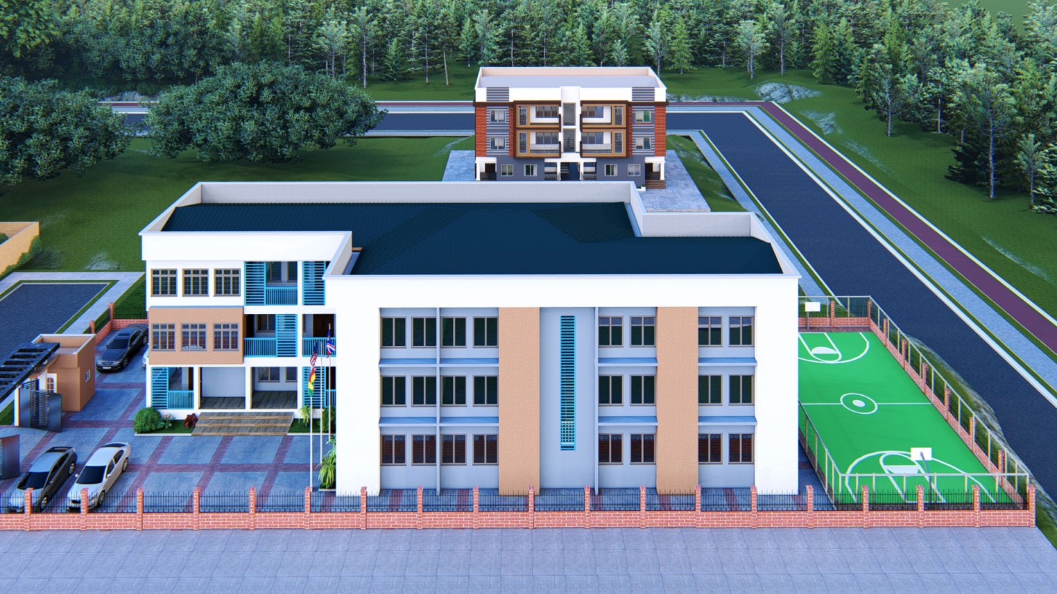 Modern school architecture featuring clean lines, large windows, and open learning spaces