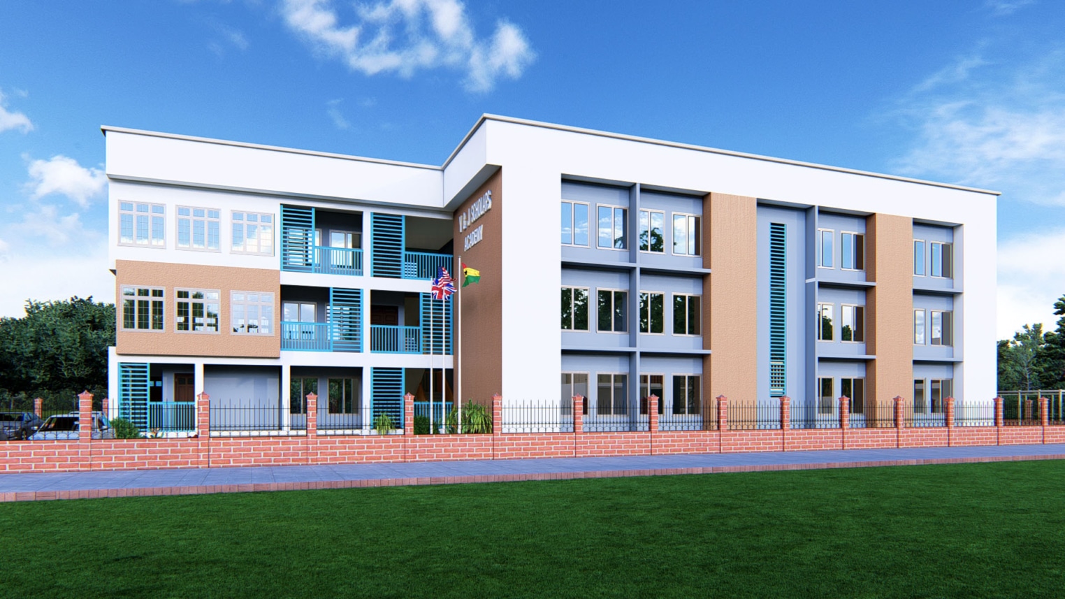 Modern school architecture featuring clean lines, large windows, and open learning spaces