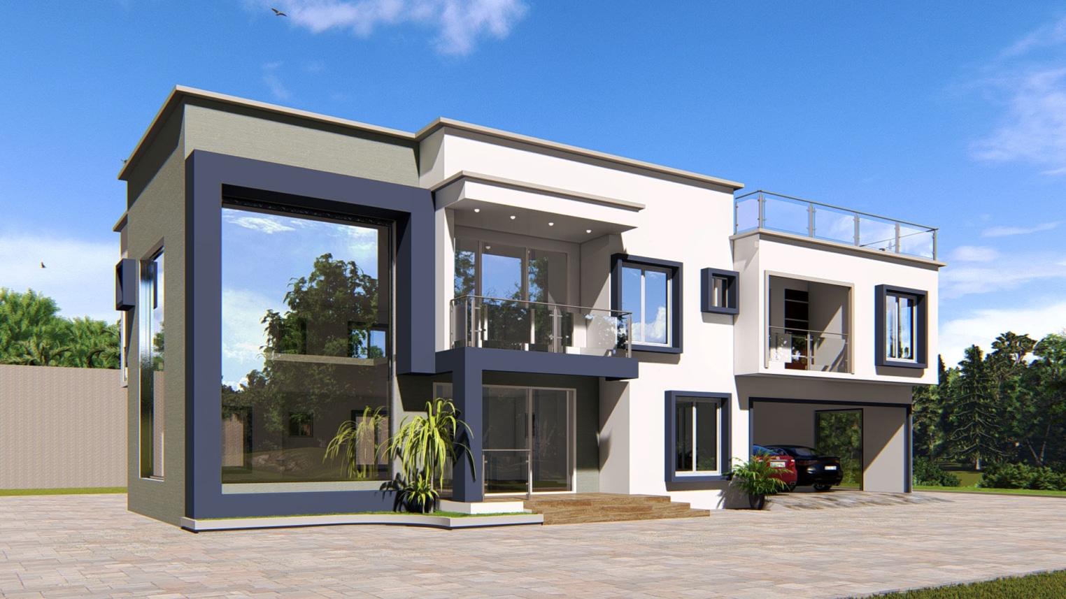 Modern 2-3 bedroom apartment exterior design with balconies and large window   