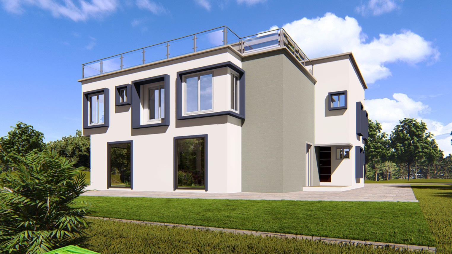 Modern 2-3 bedroom apartment exterior design with balconies and large window   