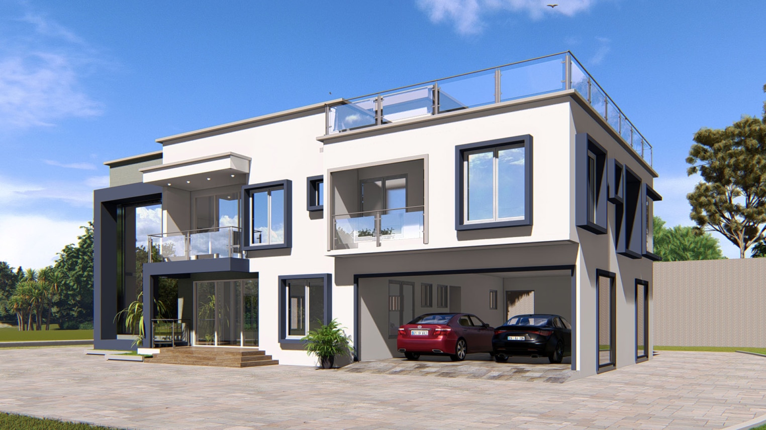 Modern 2-3 bedroom apartment exterior design with balconies and large window   
