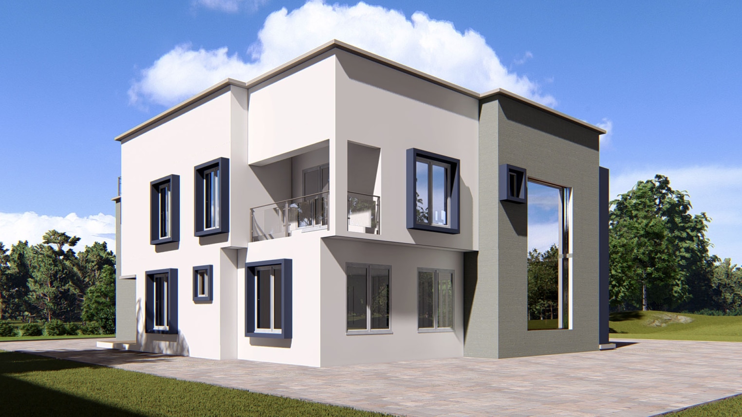 Modern 2-3 bedroom apartment exterior design with balconies and large window   