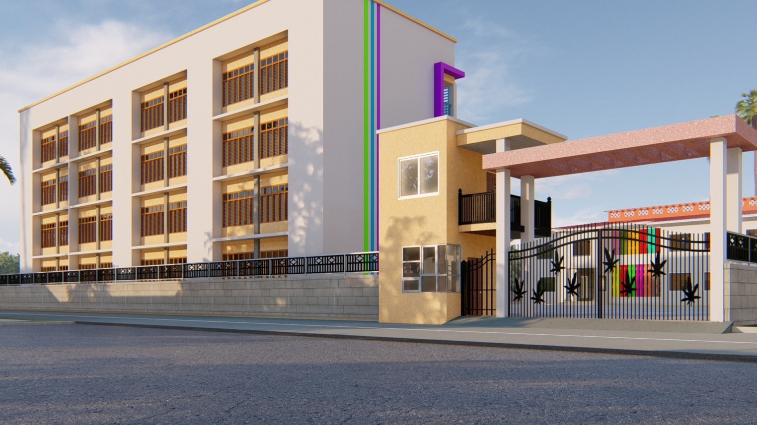 School entrance security gate design with controlled access, fencing, and safety signage for student protection 