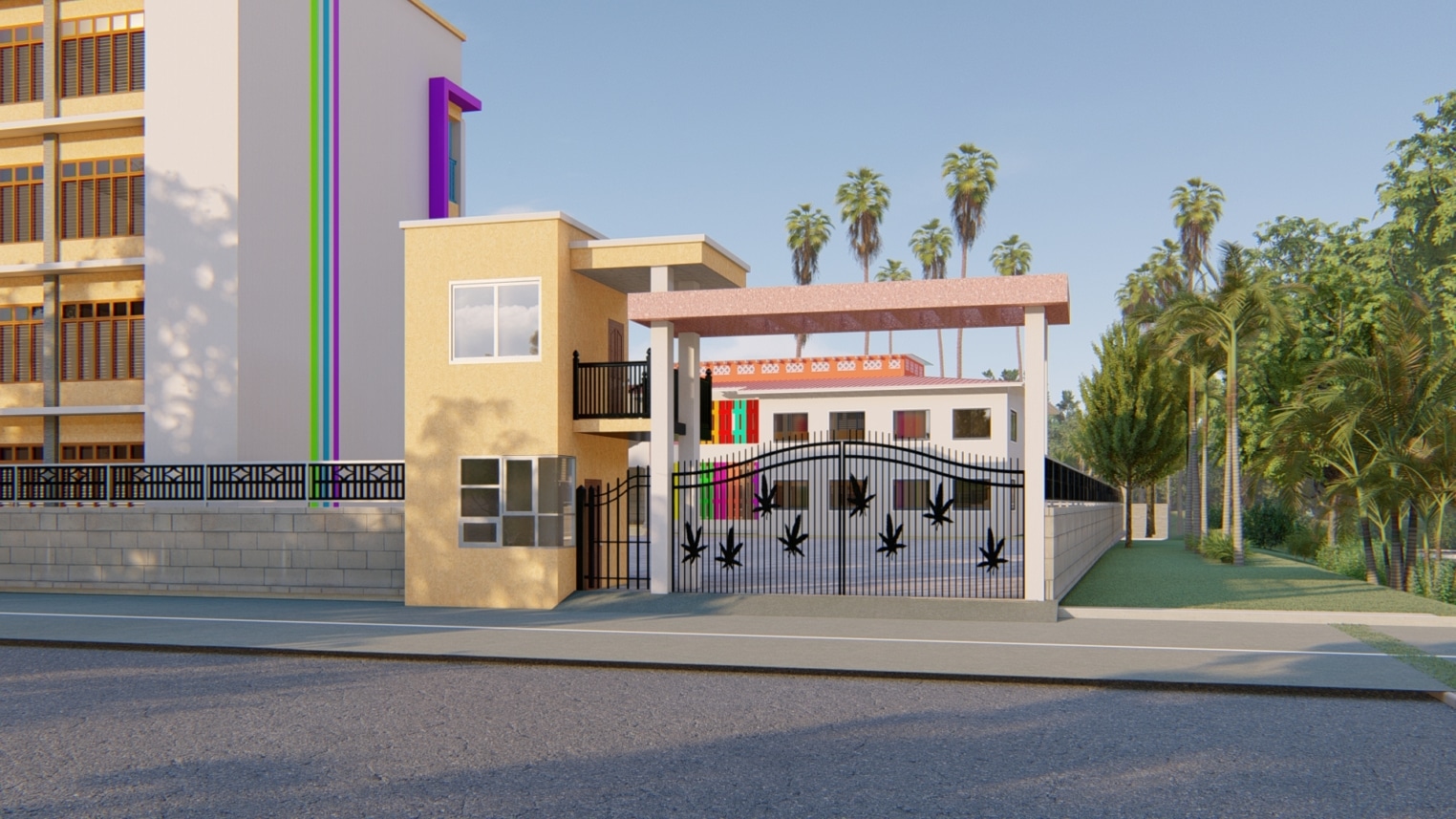 School entrance security gate design with controlled access, fencing, and safety signage for student protection 