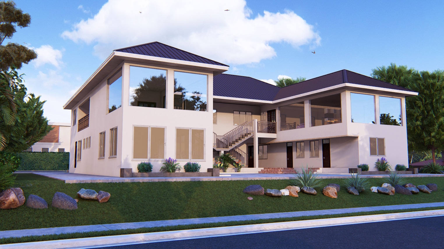 Modern training center design with integrated showroom, open layout, and contemporary interiors 