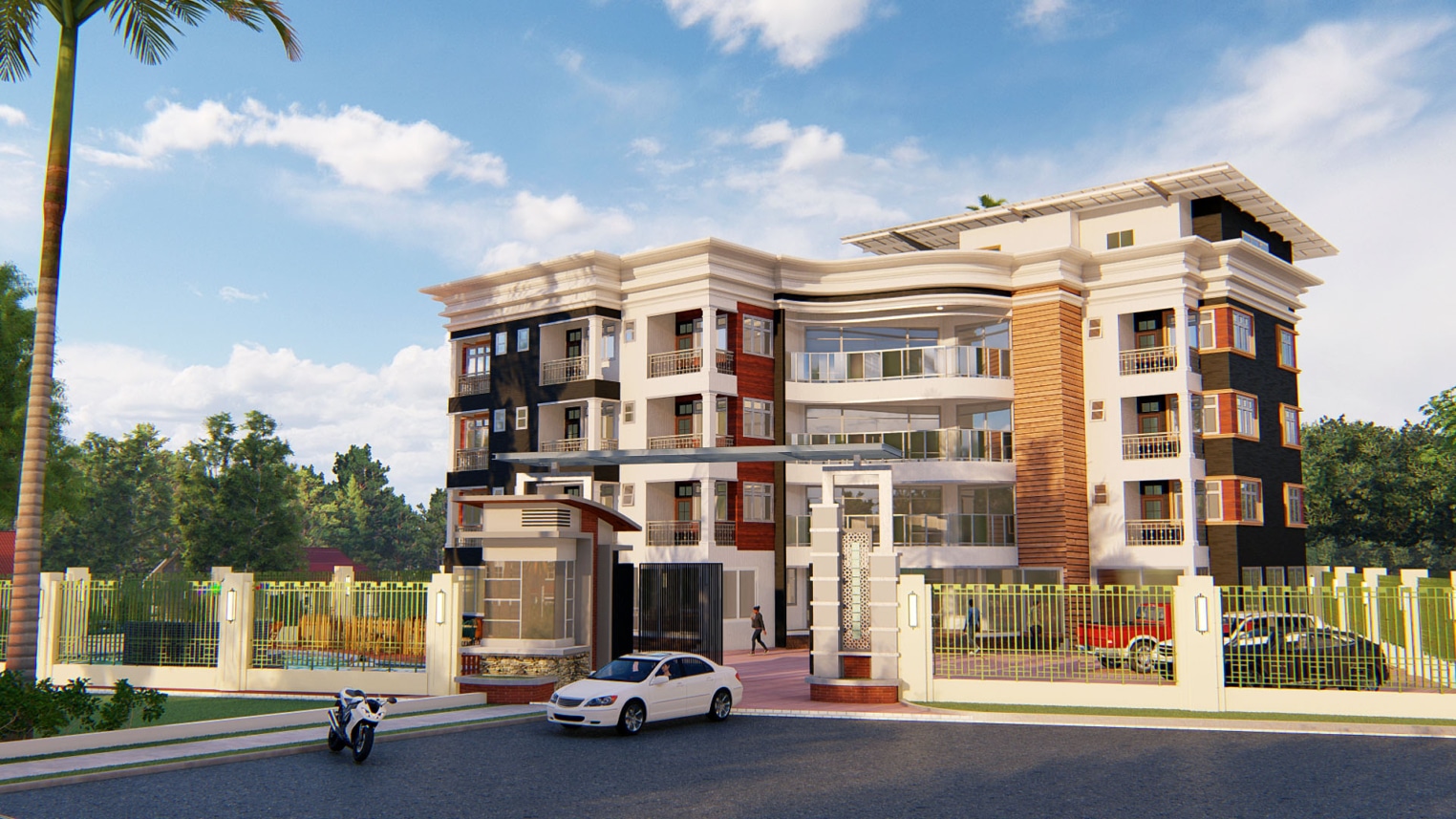 Elegant luxury hotel facade with grand entrance, contemporary architectural elements, and stylish exterior lighting