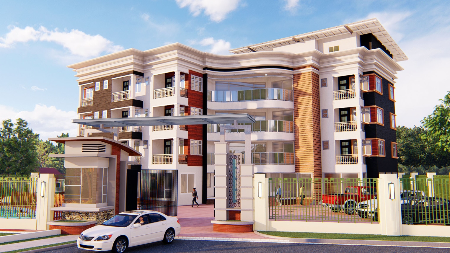 Elegant luxury hotel facade with grand entrance, contemporary architectural elements, and stylish exterior lighting