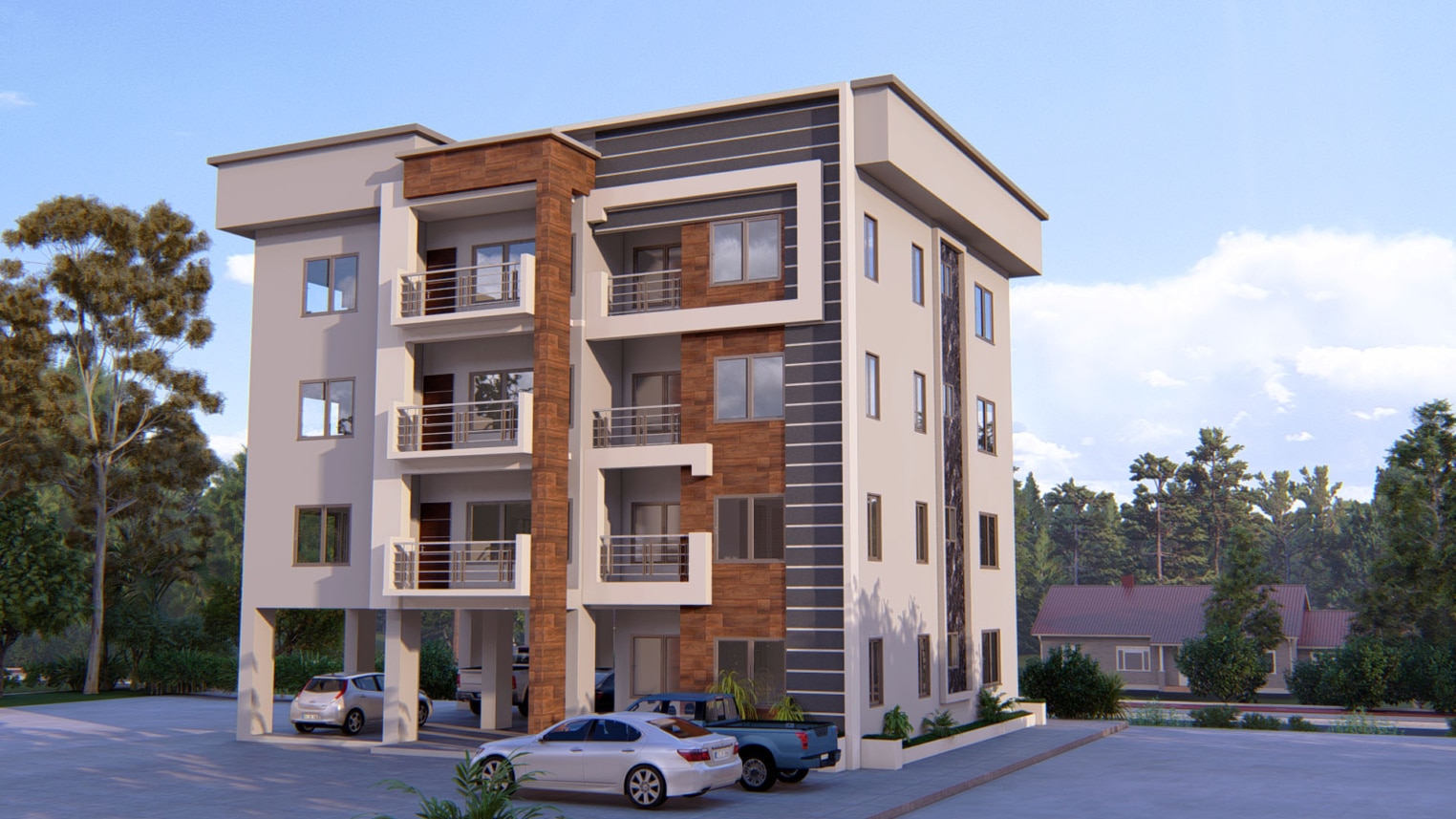 Modern 3-storey apartment design with sleek architecture and open balconies