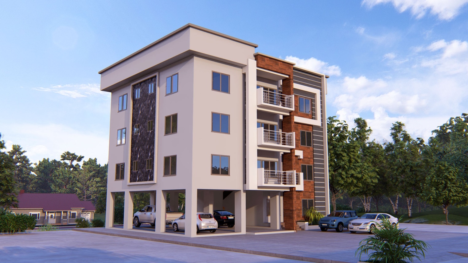 Modern 3-storey apartment design with sleek architecture and open balconies